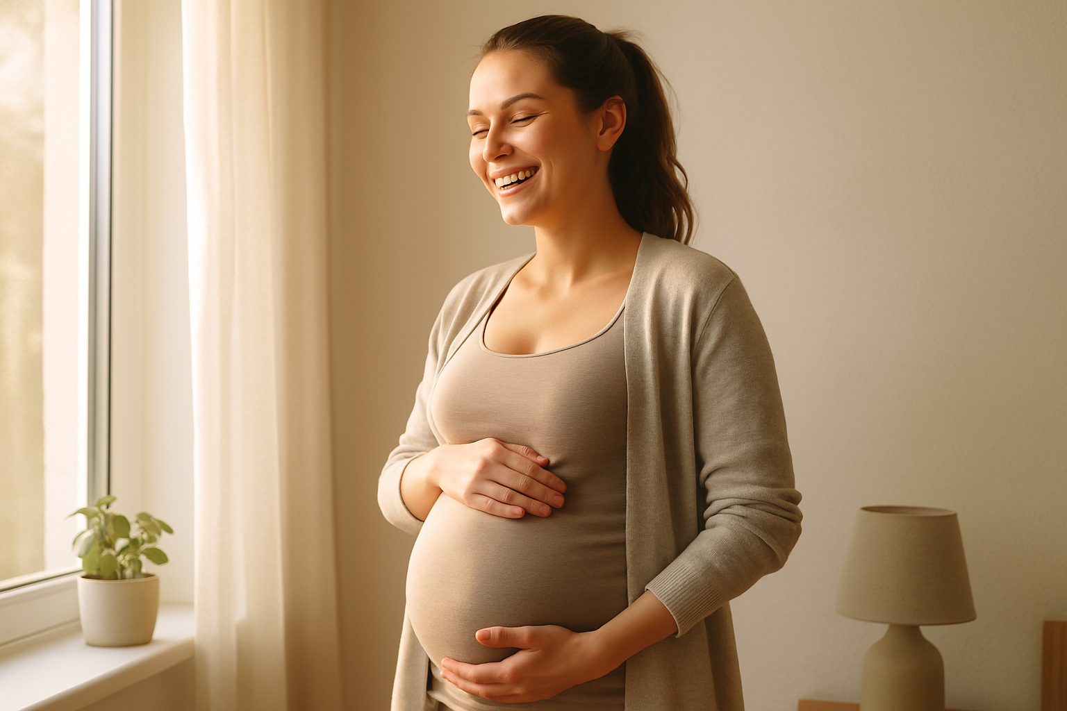 Gravid kvinna i mitten av graviditeten håller om sin runda mage, illustrerar andra trimestern vecka 13 till 26