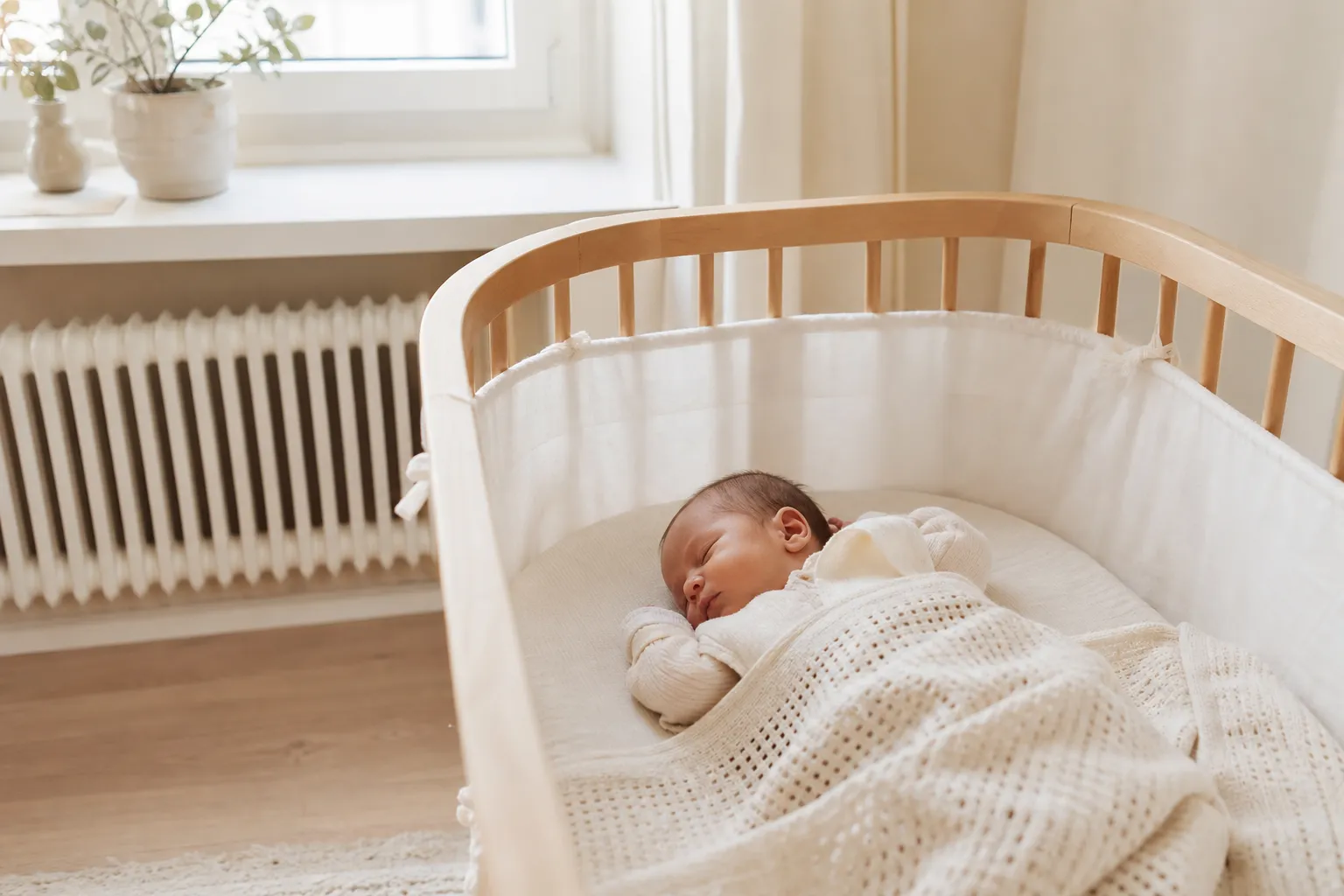 Nyfödd bebis som sover lugnt insvept i en filt bredvid en förälder
