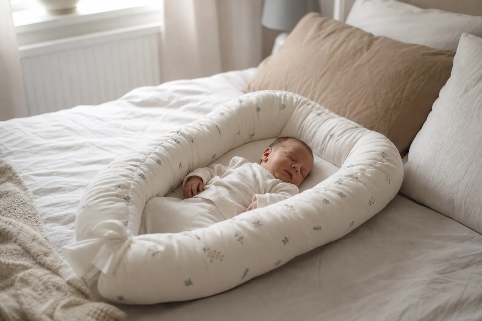 Nyfödd bebis som vilar på rygg i ett mjukt babynest på en plan yta