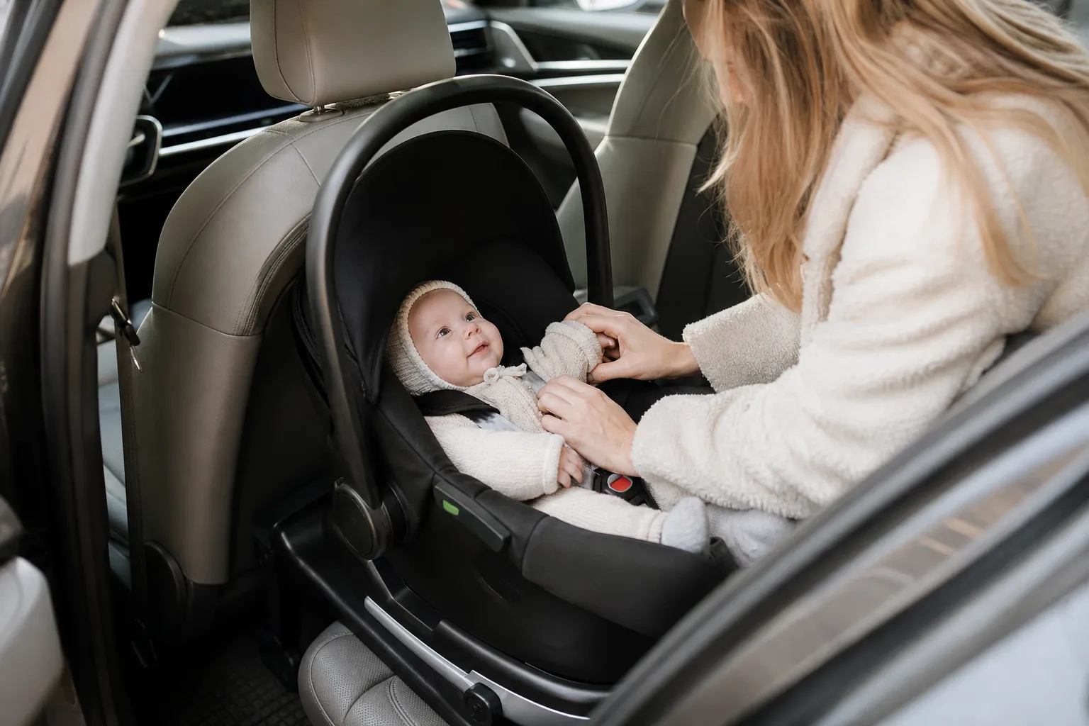 Bakåtvänt babyskydd för nyfödd fastklickat på en isofix-bas i baksätet