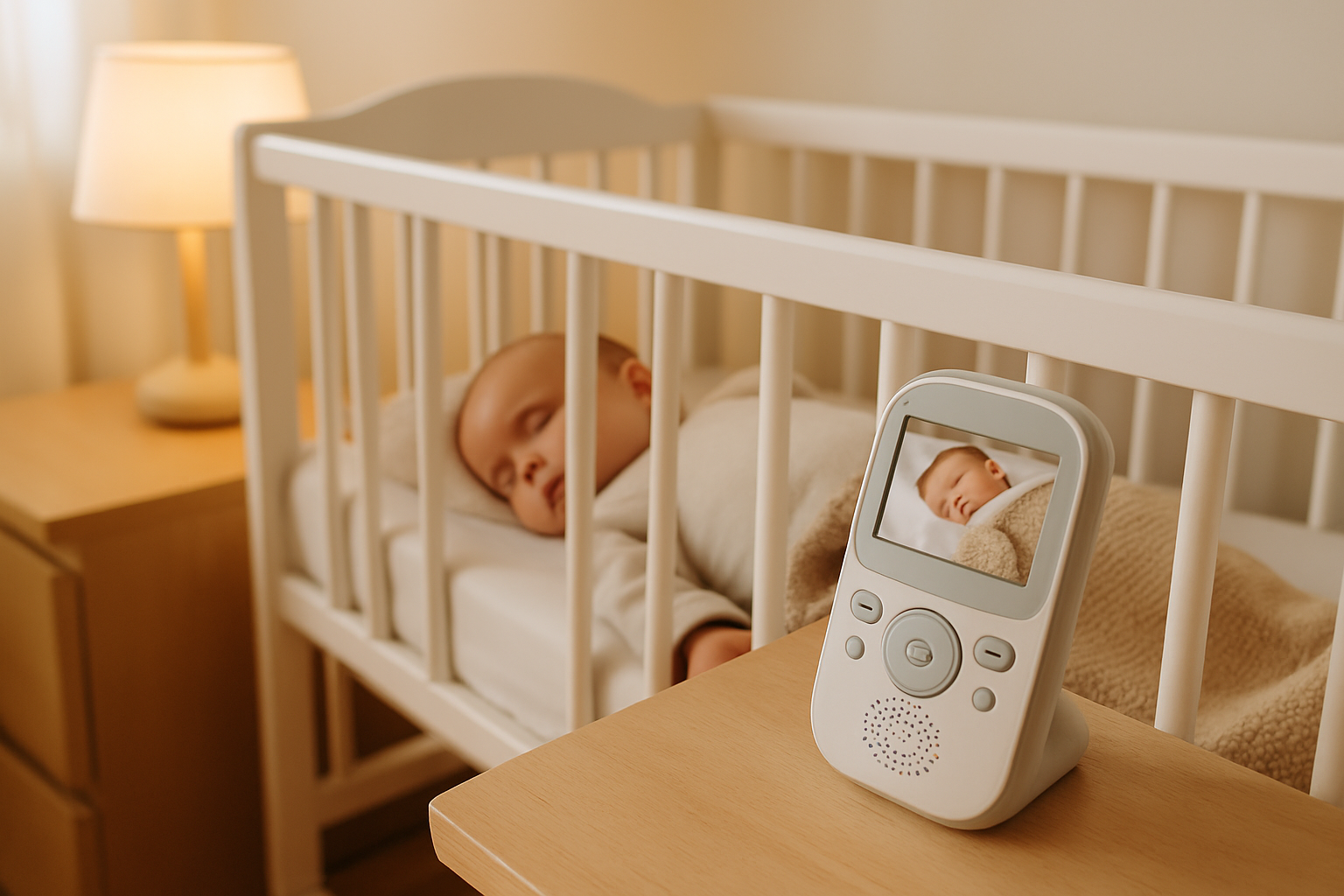 Tre olika babyvakter: en ljud-enhet, en videovakt med skärm och en wifi-app-kamera monterad på spjälsängen