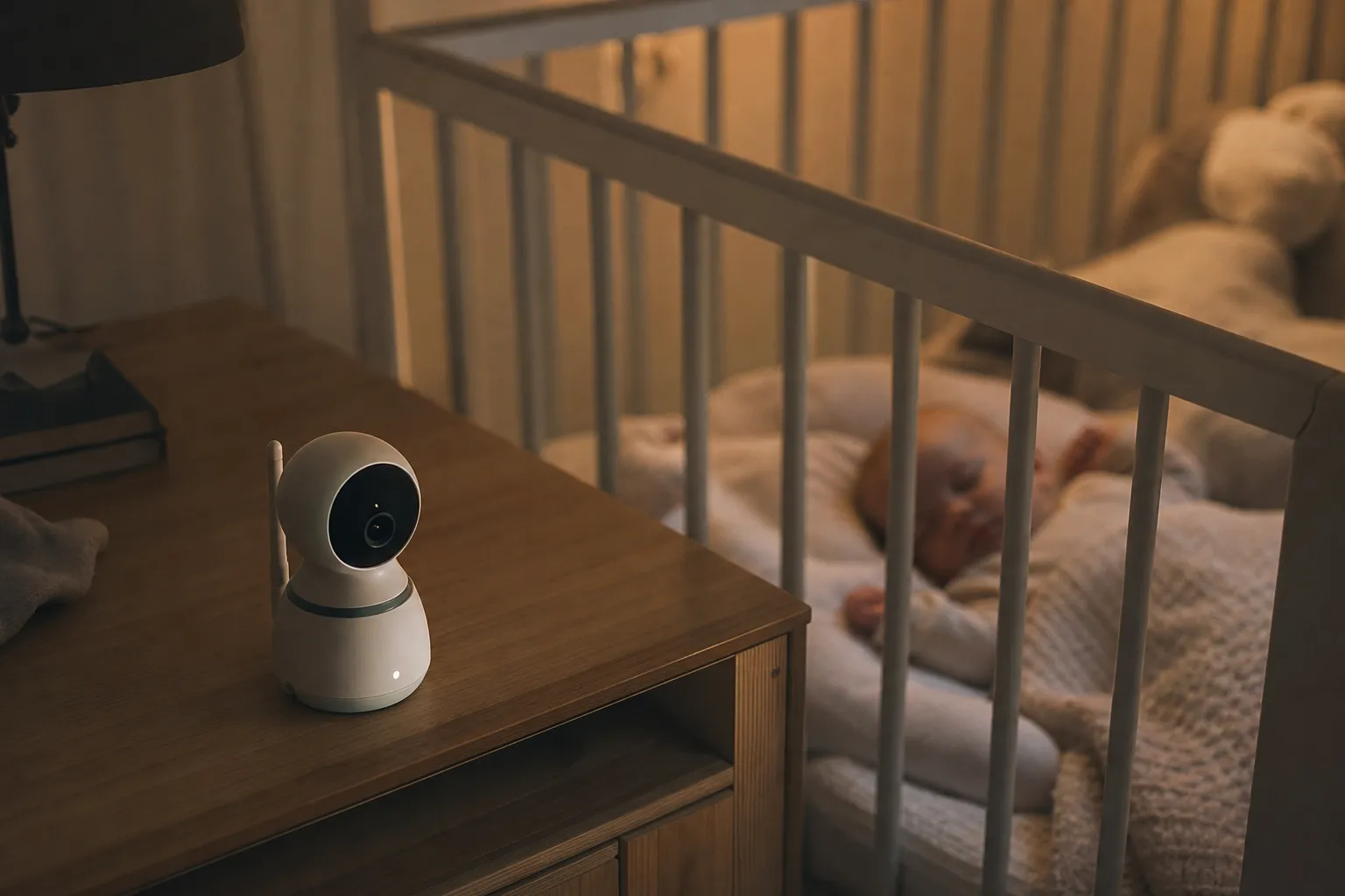 Babyvakt med kamera och förälderenhet på ett nattduksbord vid en spjälsäng