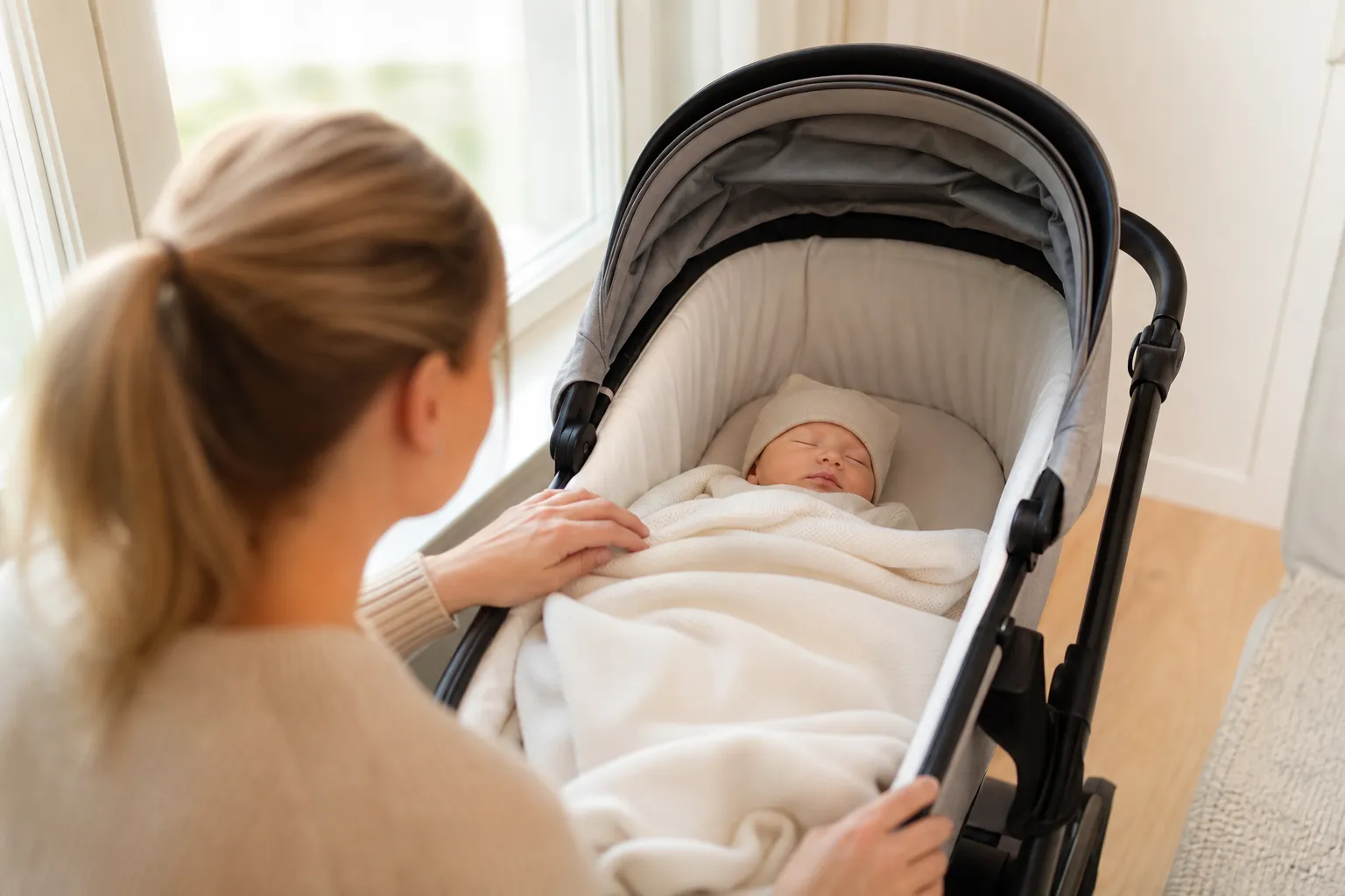 Nyfödd baby som ligger plant i liggdelen till en barnvagn