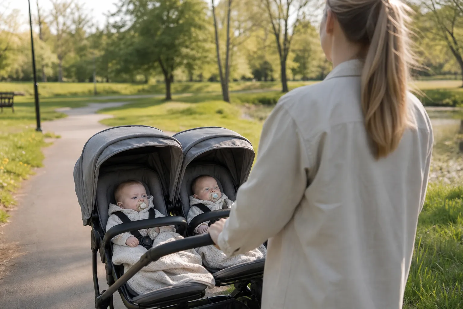 Tvillingvagn med två liggdelar sida vid sida för nyfödda tvillingar