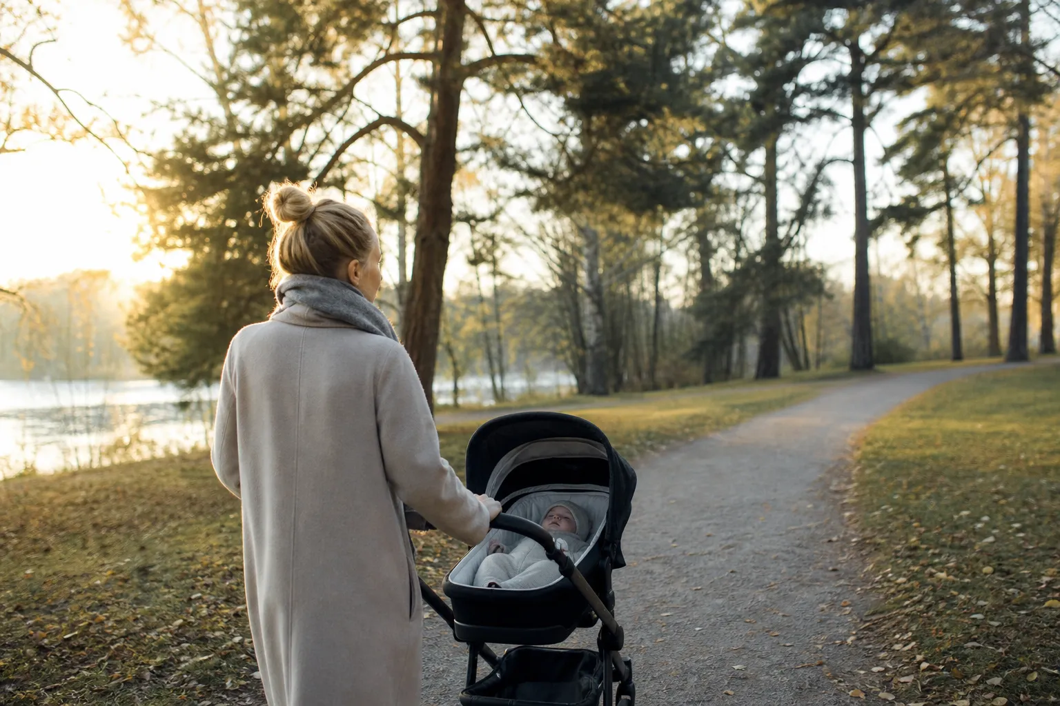 Förälder som promenerar med barnvagn på en lugn gata
