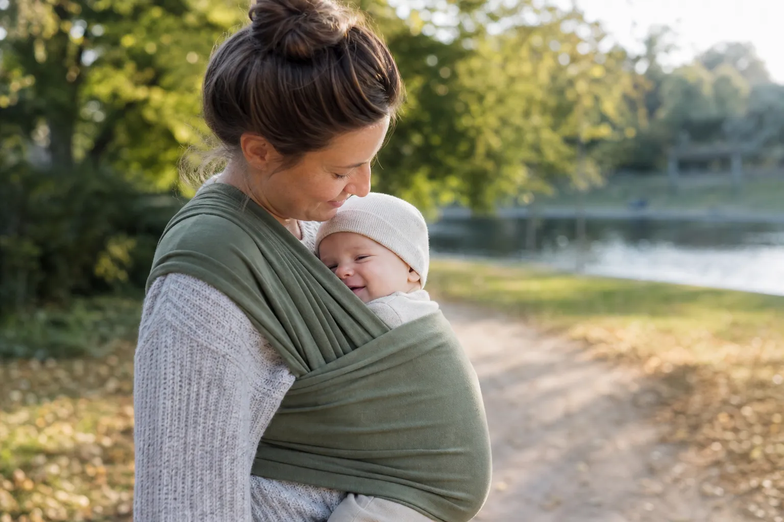 Förälder som bär sin baby nära kroppen i en ergonomisk bärsele
