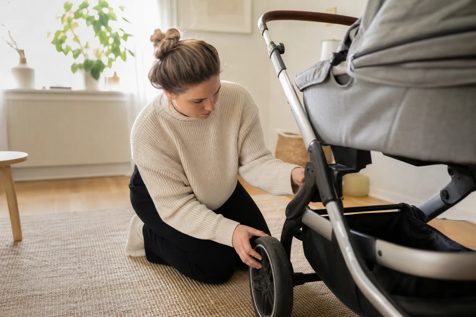 Begagnad barnvagn som kontrolleras inför köp, med fokus på hjul och chassi