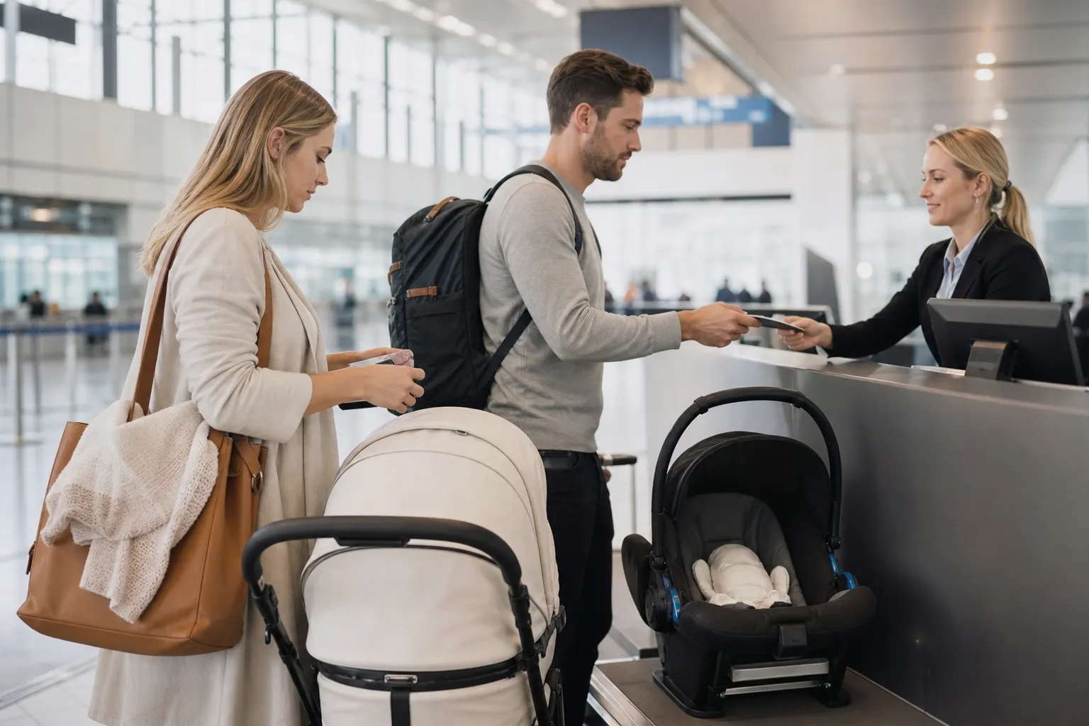 Bilbarnstol och resväska vid en flygplatsbänk inför en flygresa med barn