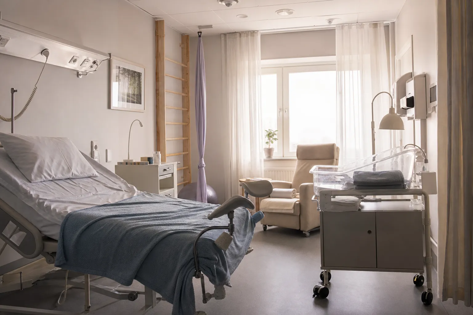 Höggravid kvinna som vilar lugnt hemma med en packad väska intill sig inför förlossningen