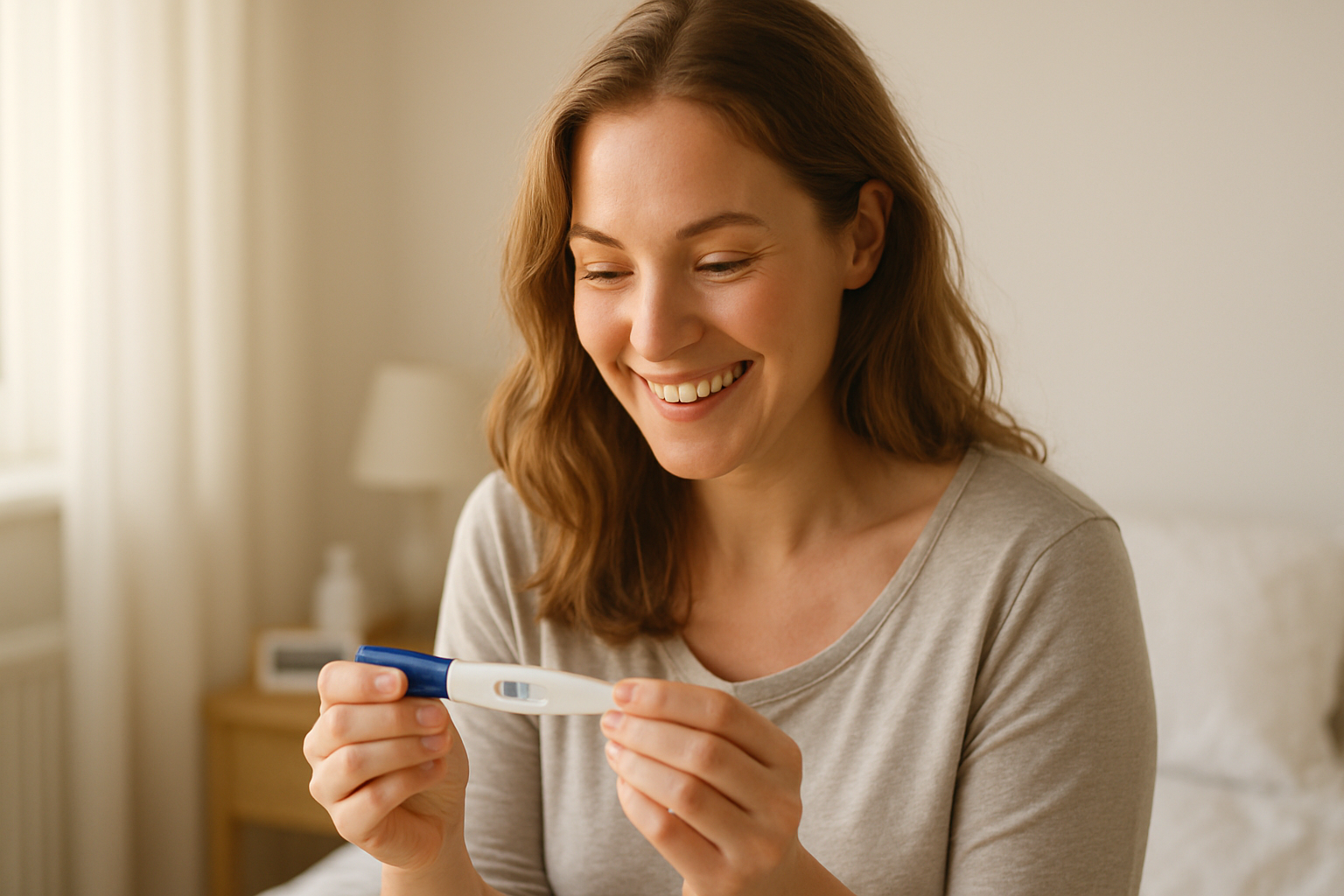Gravid kvinna i tidig graviditet håller handen om magen, illustrerar första trimestern vecka 1 till 12