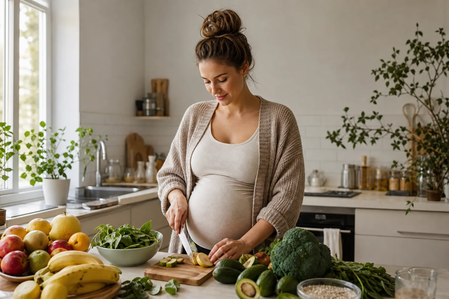 Gravid kvinna i kök med en tallrik grönsaker, fisk och fullkorn på bänken