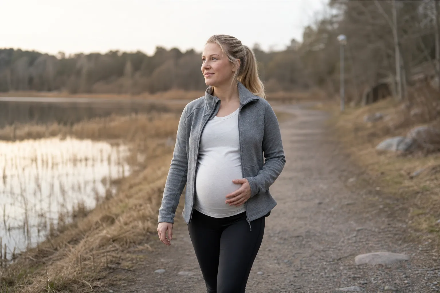 Gravid kvinna på en lugn promenad i naturen, klädd i bekväma träningskläder