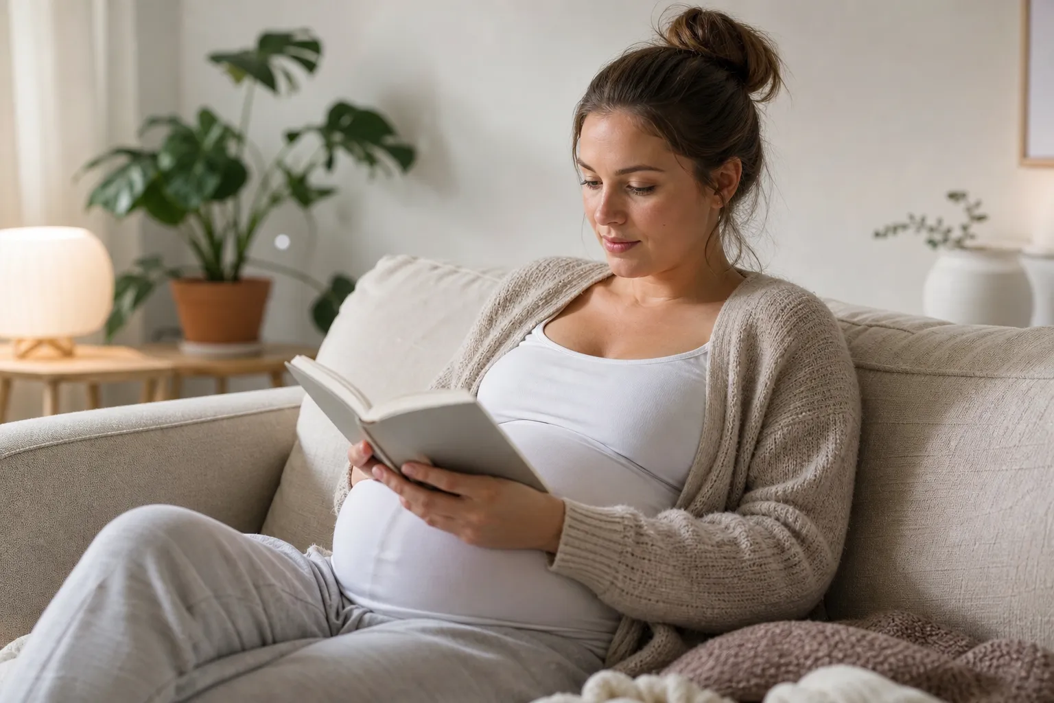 Gravid kvinna håller händerna om magen, illustrerar graviditeten vecka för vecka