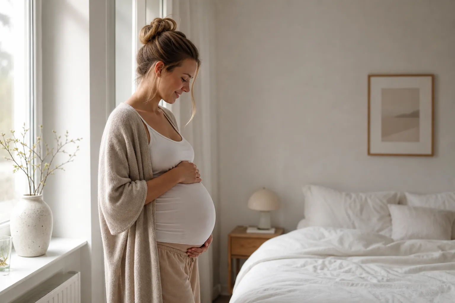 Gravid person sitter lugnt i soffan och håller händerna över magen