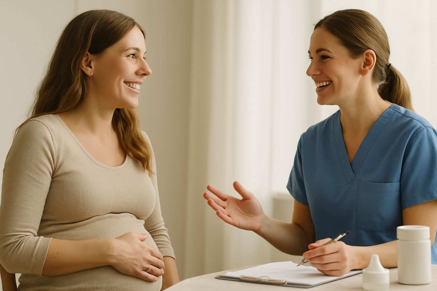 Gravid kvinna med ett glas vatten och en tallrik med grönsaker och fullkorn