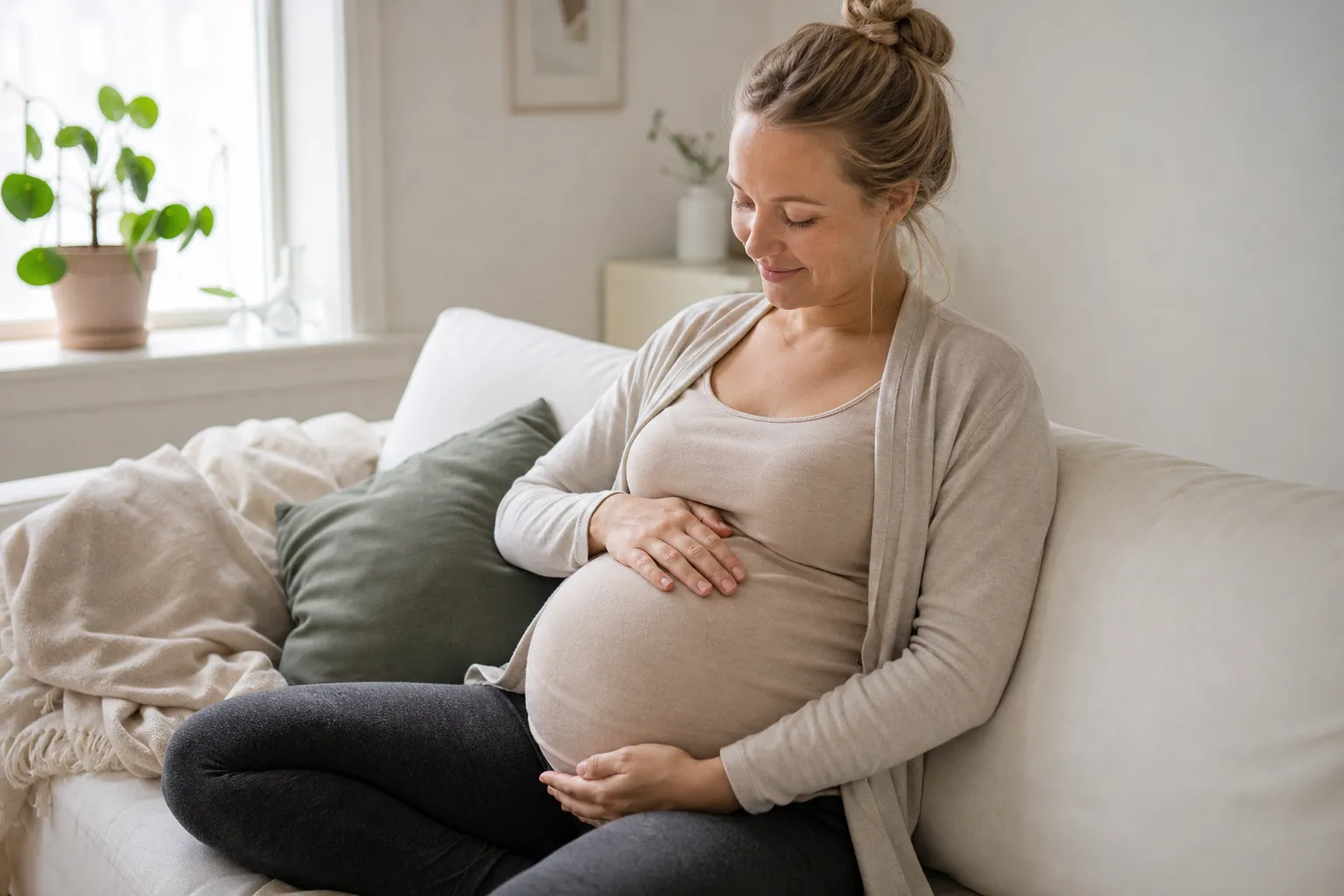Gravid kvinna i mjuka gravidbyxor med högt magband och stickad tröja
