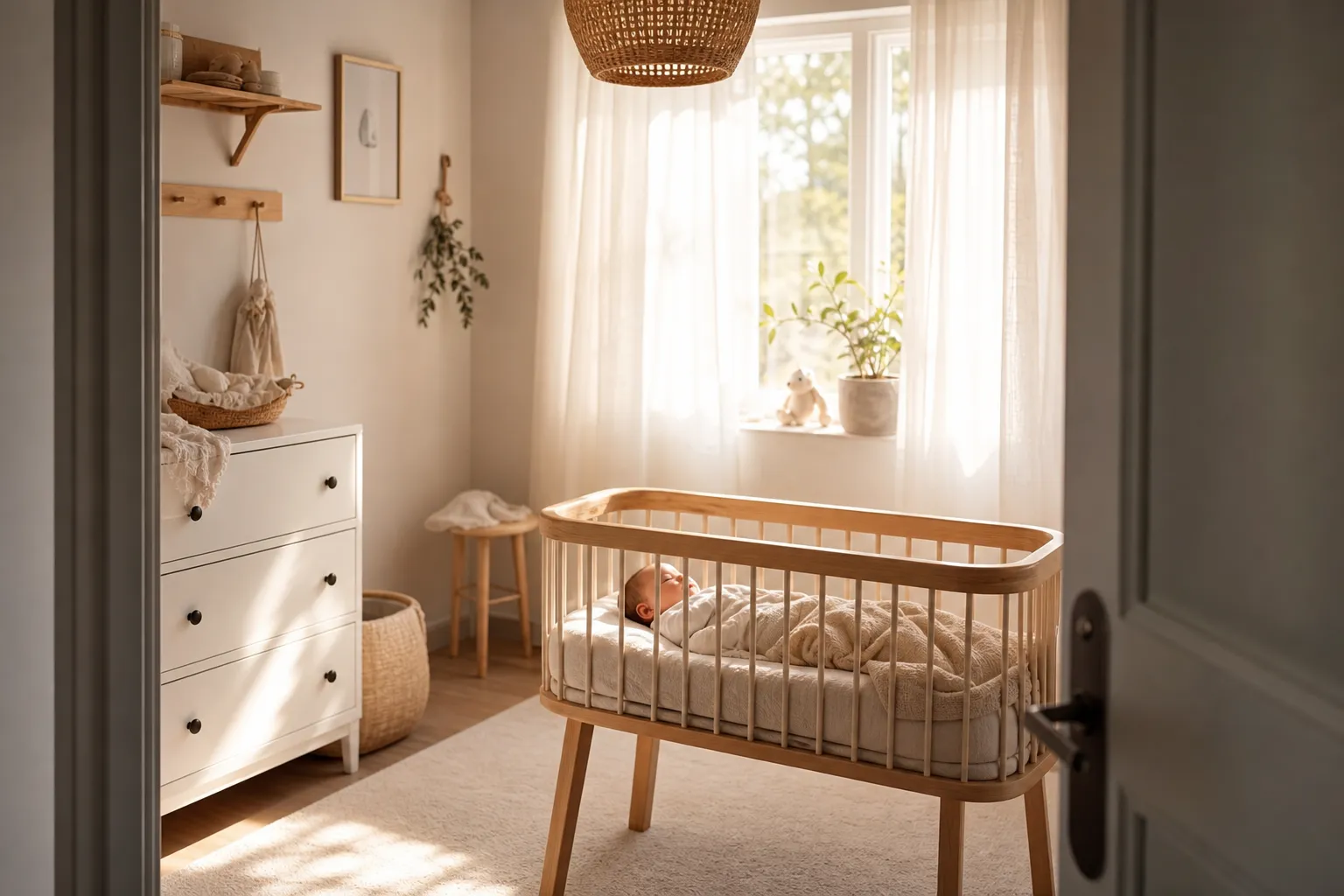 Förälder med nyfödd baby i mjukt morgonljus