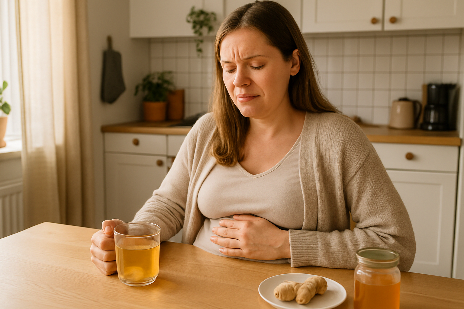 Gravid kvinna sitter vid köksbordet med ett glas vatten och en kex
