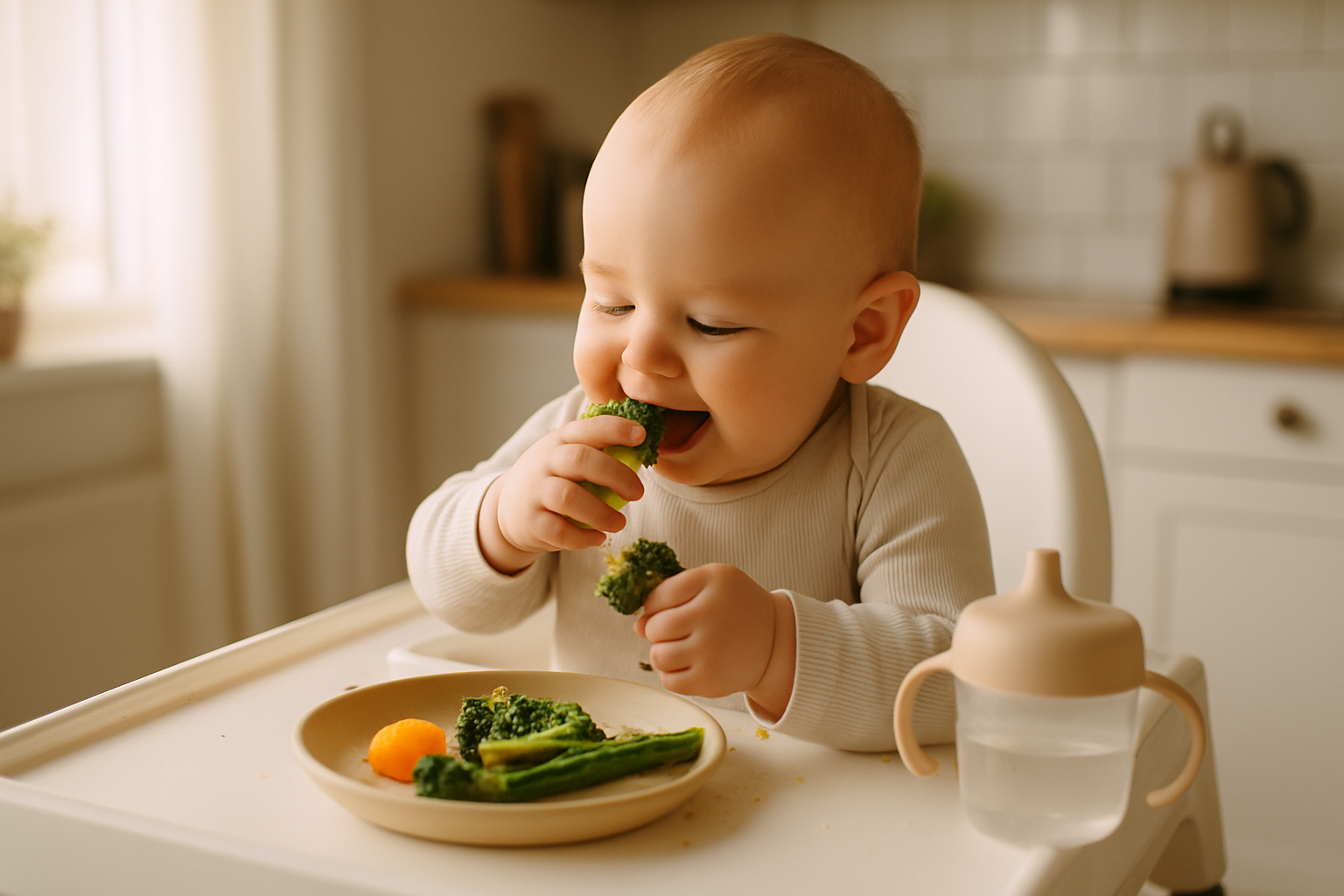 Bebis sitter i barnstol och utforskar kokt broccoli och morötter med händerna