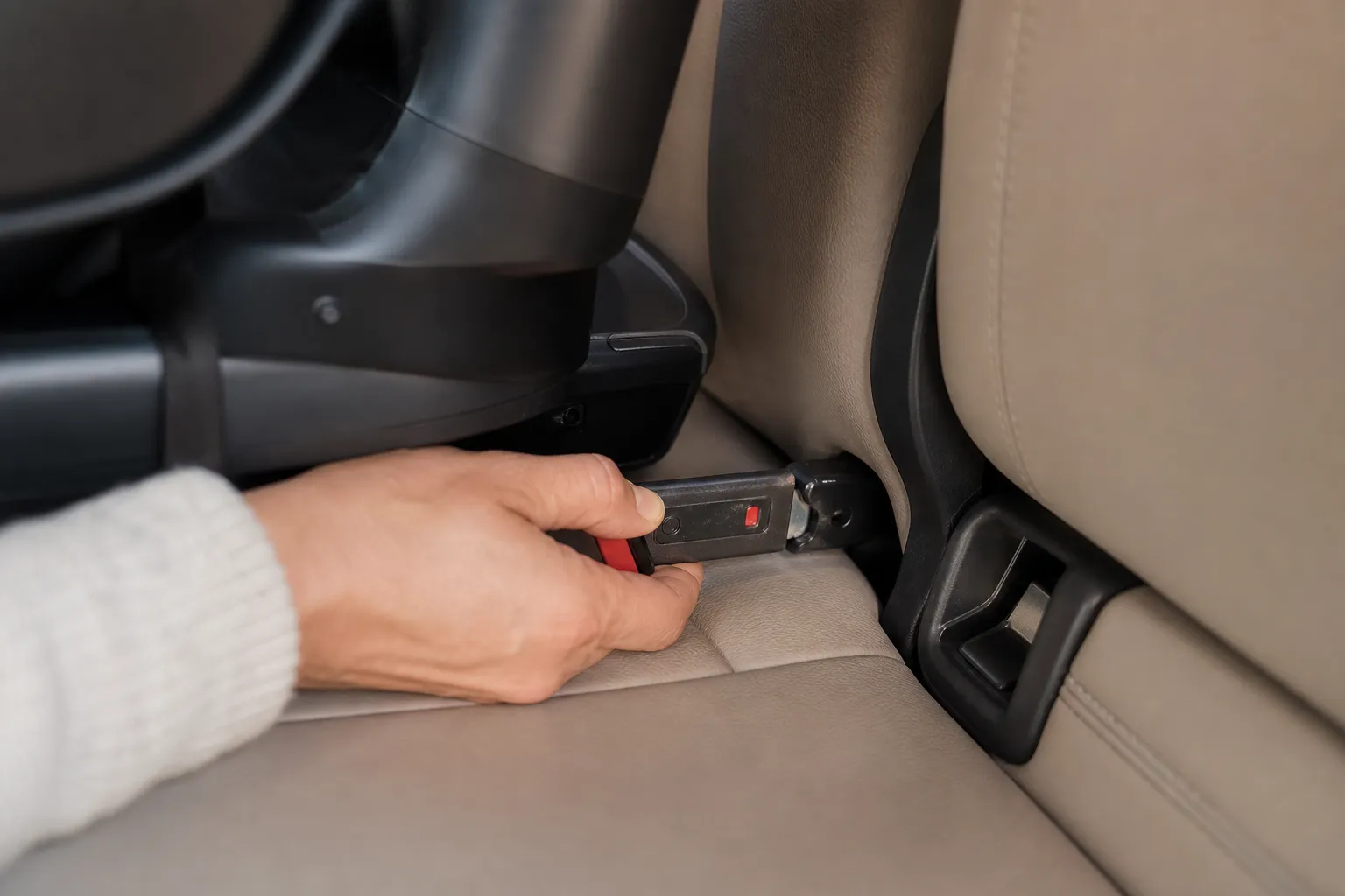 ISOFIX-fästen i bilens baksäte med en bilbarnstol som klickas fast