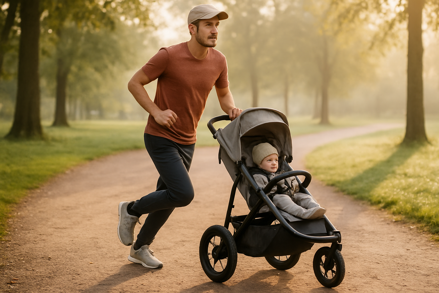 Förälder joggar på en grusväg med joggingvagn med luftfyllda hjul och fast framhjul