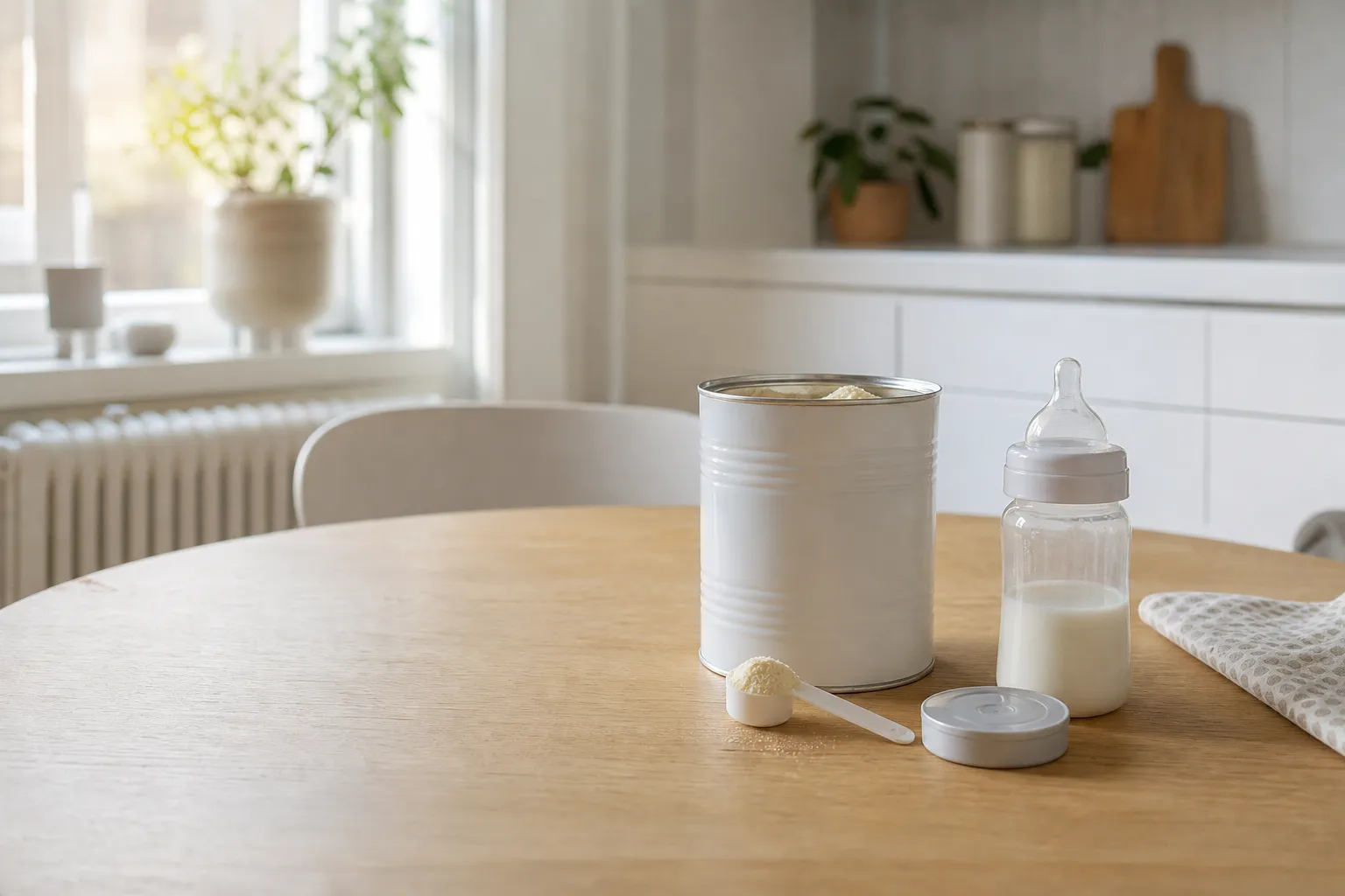 Nappflaska med modersmjölksersättning bredvid en burk pulver på en köksbänk