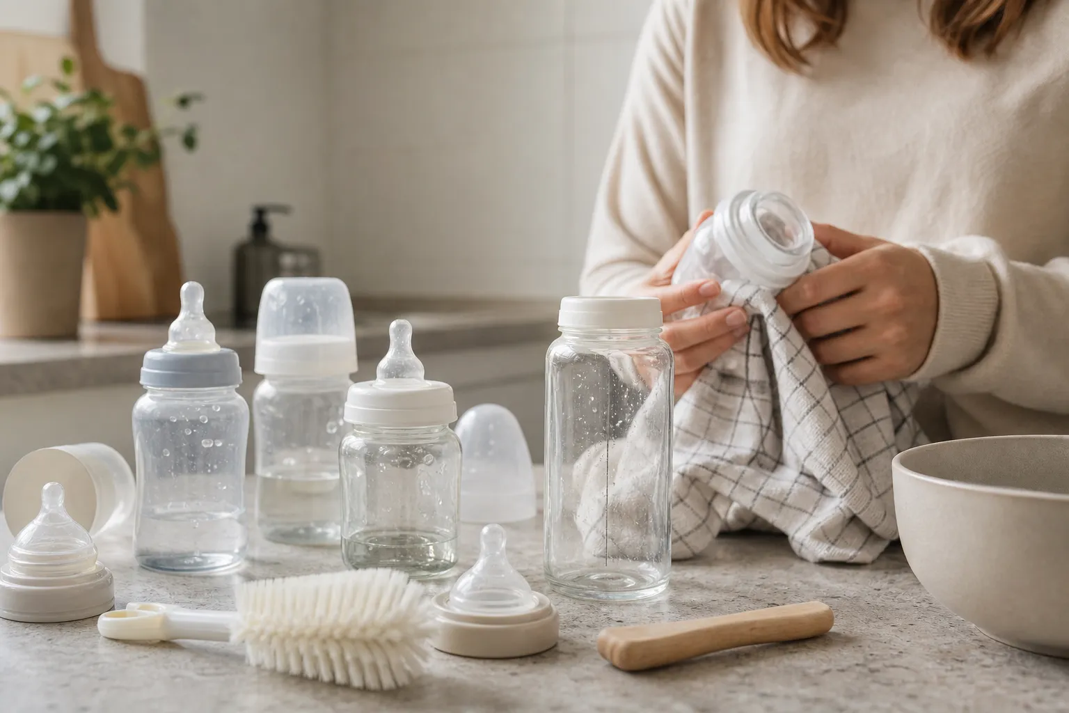 Nappflaskor i glas och plast tillsammans med nappar på en köksbänk