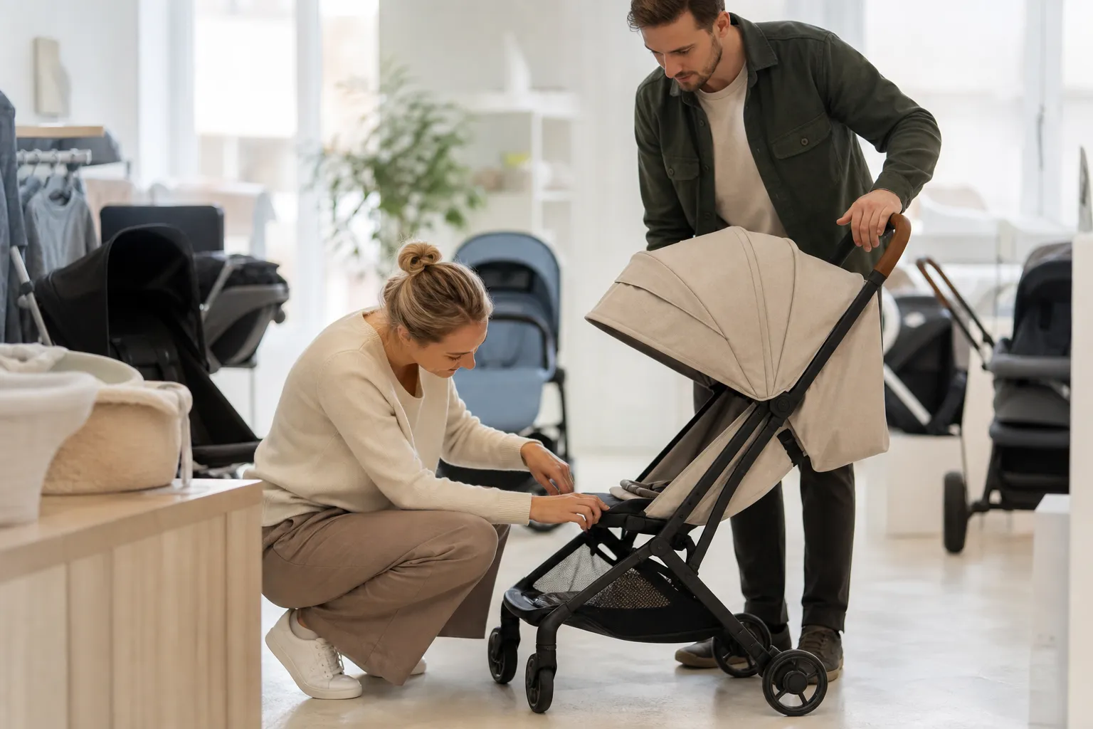 Lätt sittvagn med barn som sitter upprätt och tittar framåt under en promenad