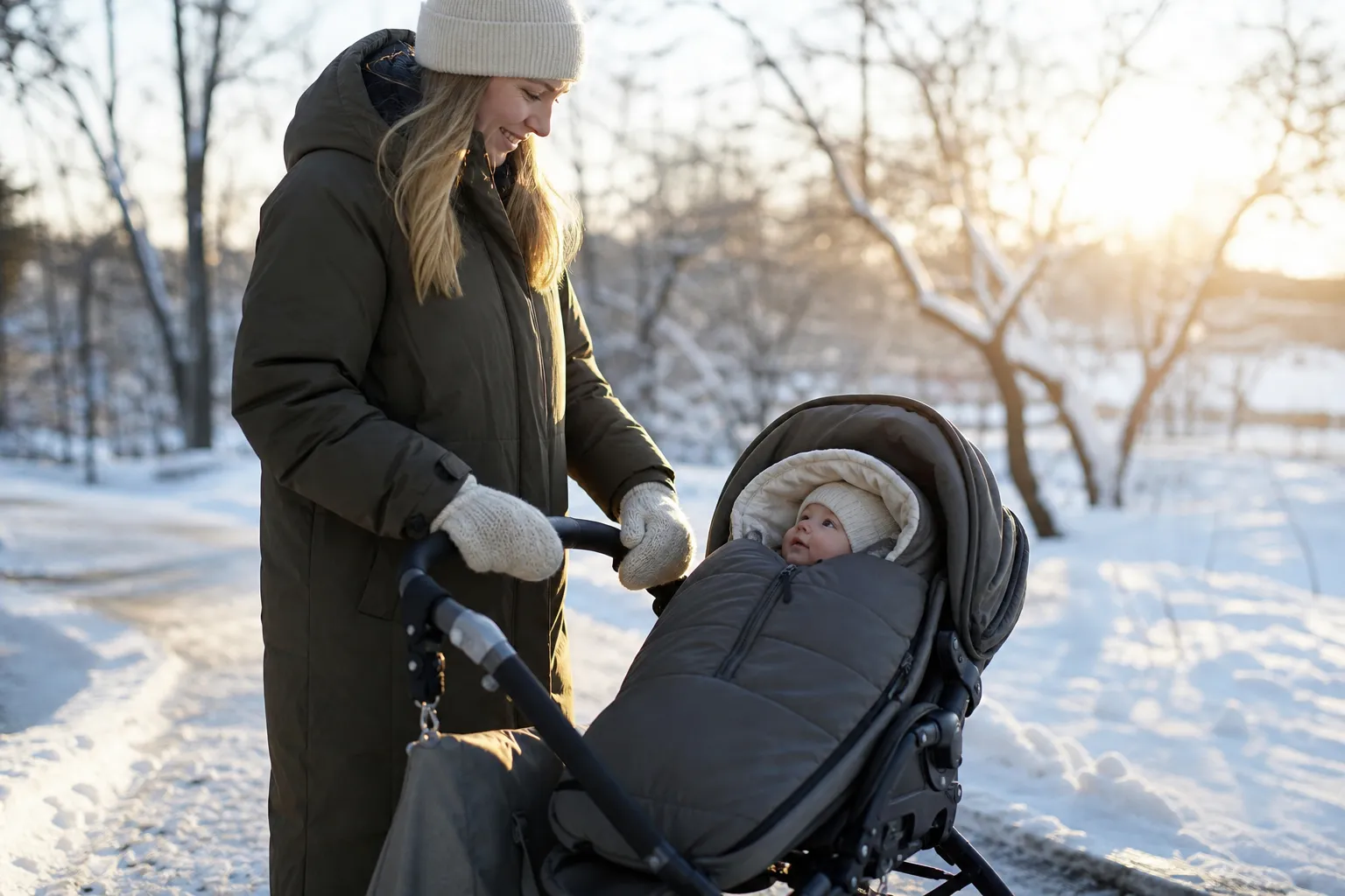 Barnvagn med åkpåse och vinterhjul i snötäckt vintermiljö